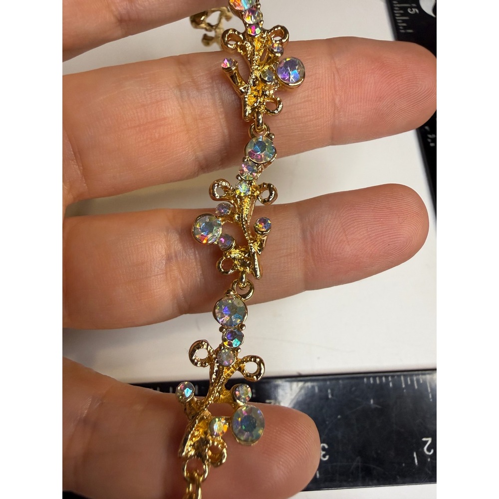 Gold Tone Aurora Borealis Rhinestone Floral Vine Link Bracelet Adjustable